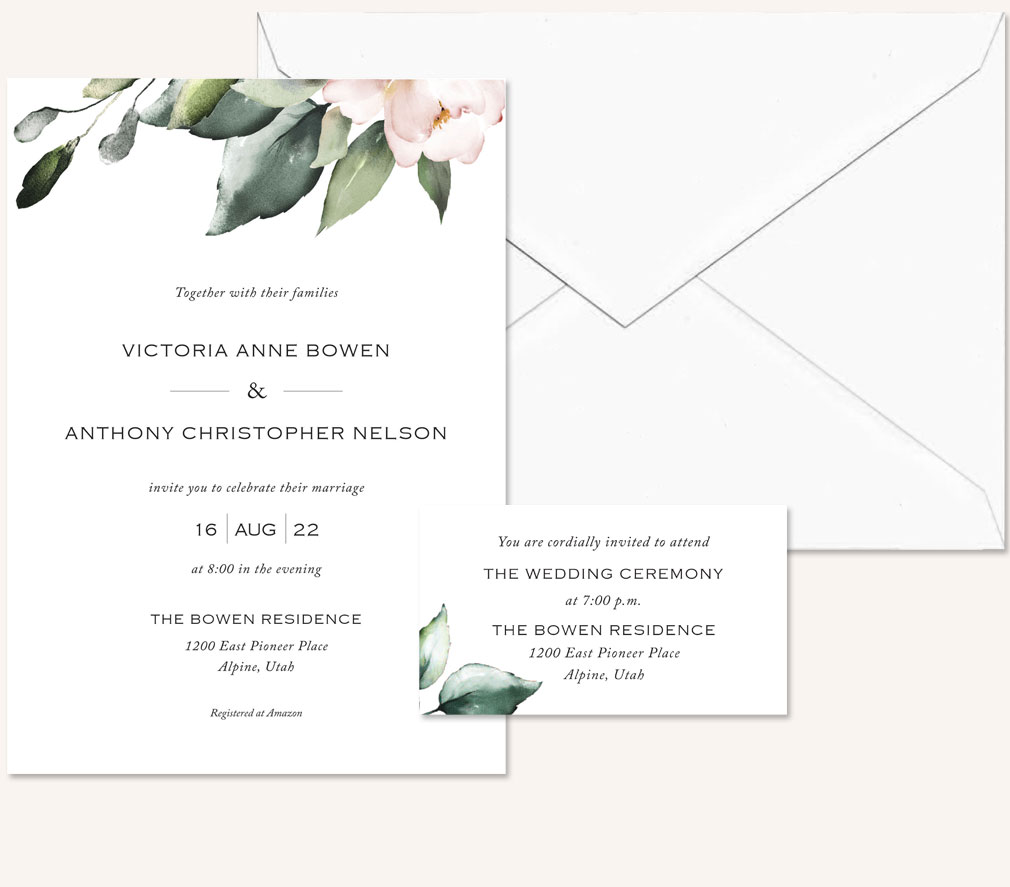 Wedding invitation, enclosure and unprinted envelope
