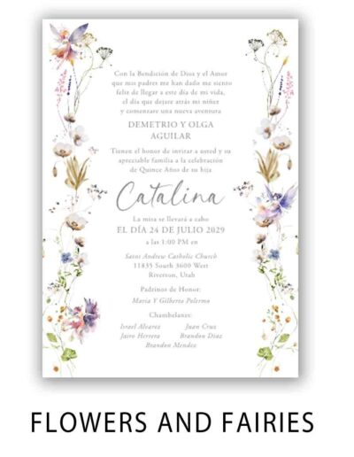 5x7 Quinceañera invitation with light flowers intertwined with fairies on the right and left sides.