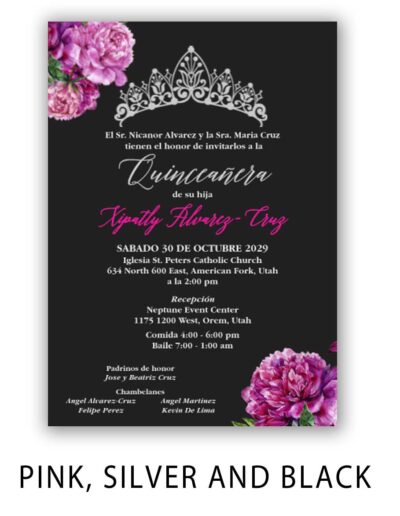 5x7 Quinceañera invitation with intense pink flowers and silver tiara with black background
